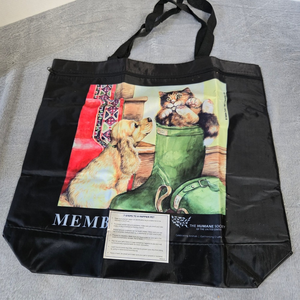 Humane Society Dog Cat Debbie Cook Art Black Nylon Zipper Tote Bag Shopper‎